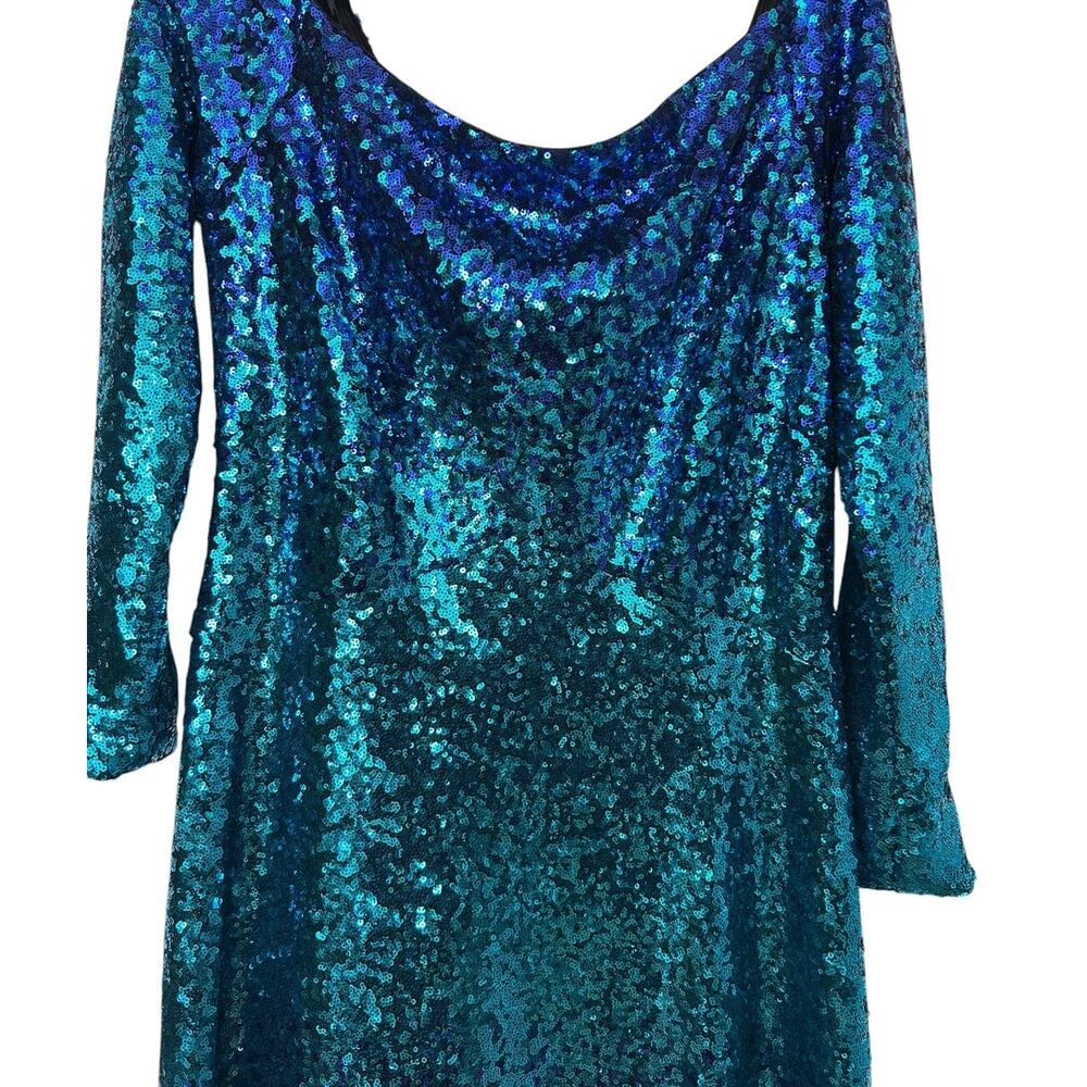 Tadashi Shoji Sequin Mermaid Gown Blue Teal Evening Formal Dress Size 10/12 - Picture 2 of 4